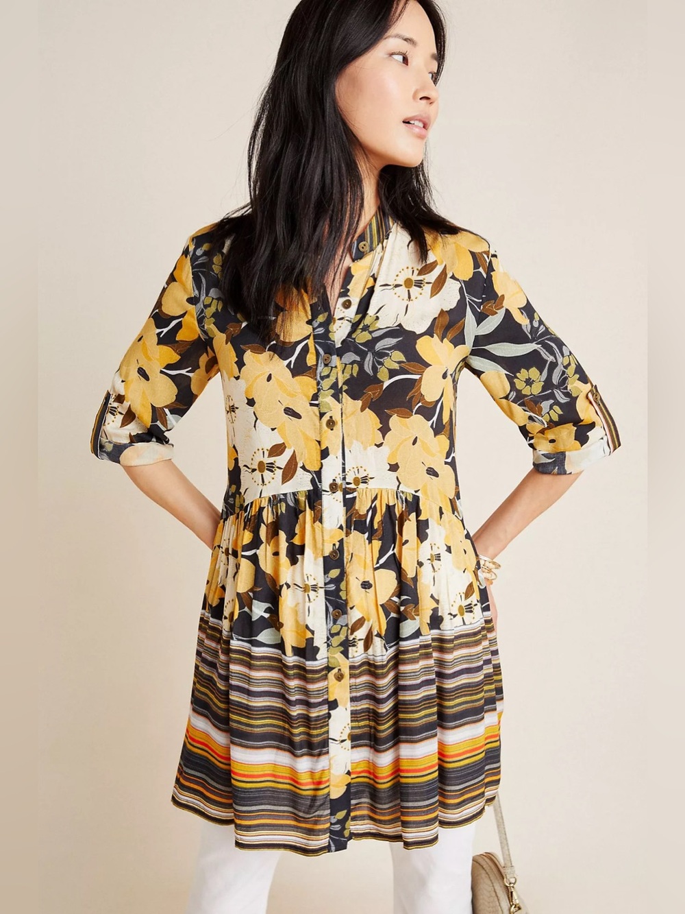 Anthropologie Black Floral Tiered Midi Dress with Yellow Blooms